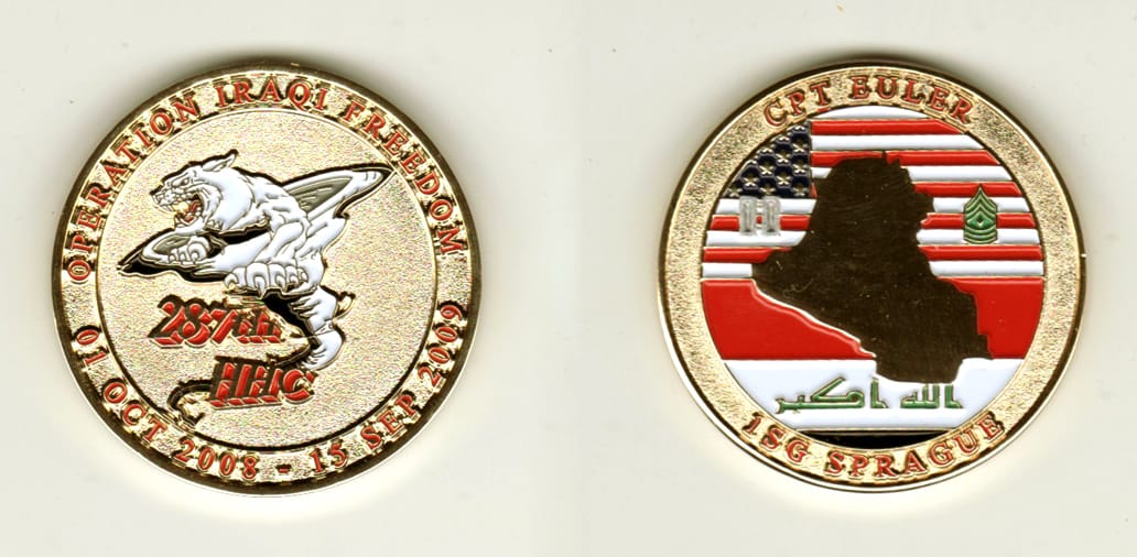 Round shaped, gold colored coin, 1 11/16 inches in diameter.