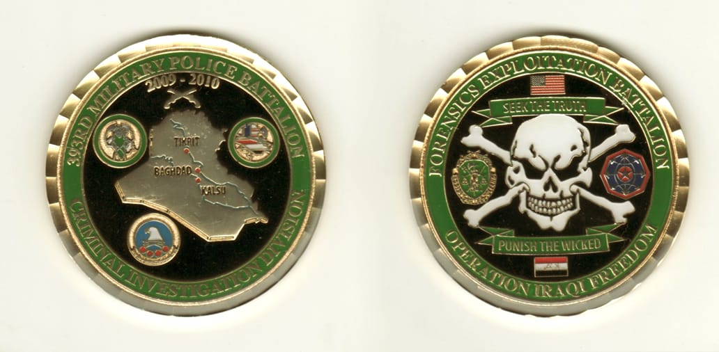 Round shaped, gold colored coin, 2 inches in diameter.