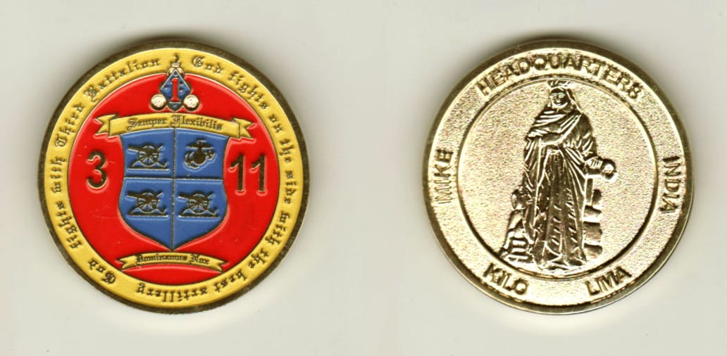 Round shaped, gold colored coin, 1 3/8 inches in diameter.