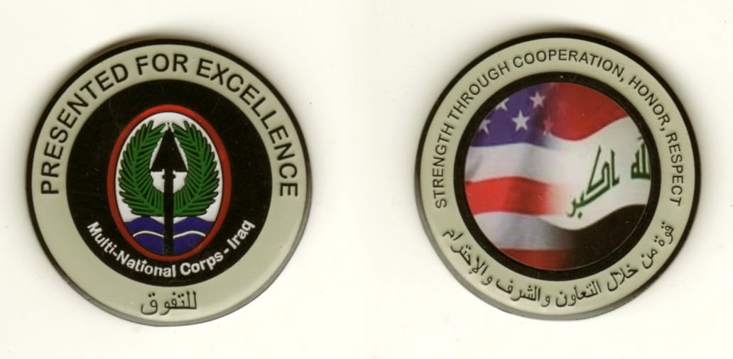 Round shaped, black colored coin, 1 3/4 inches in diameter.