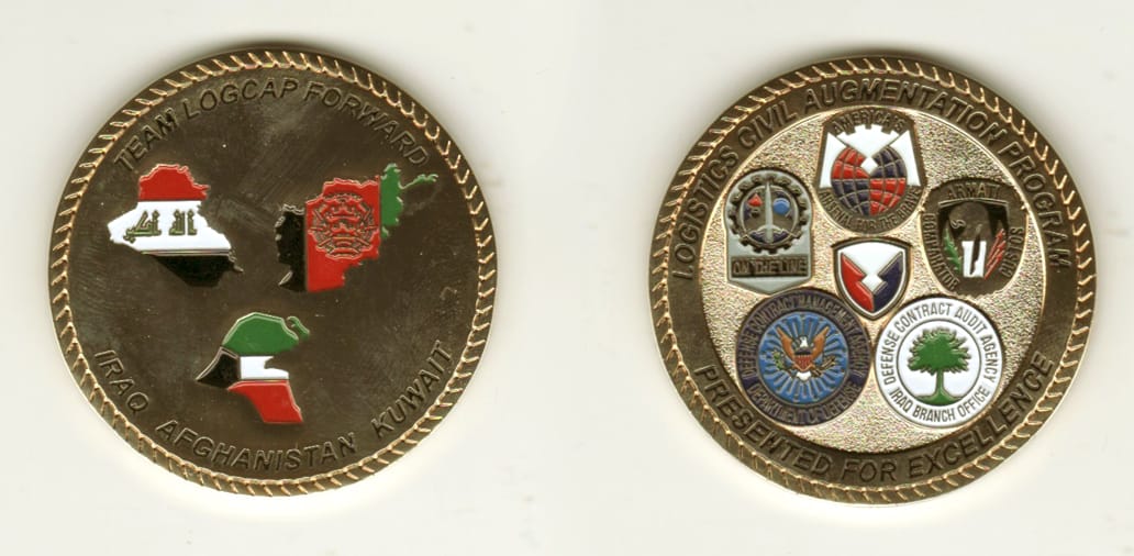 Round shaped, gold colored coin, 2 inches in diameter.