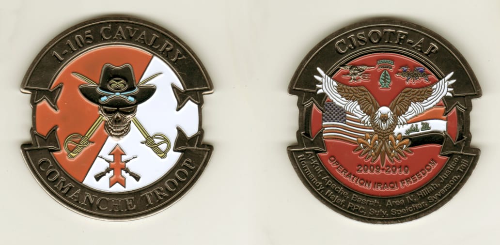 Circular shaped with ribbon banner mounted below and above, black colored coin, 2 1/2 inches wide x 2 1/2 inches high.