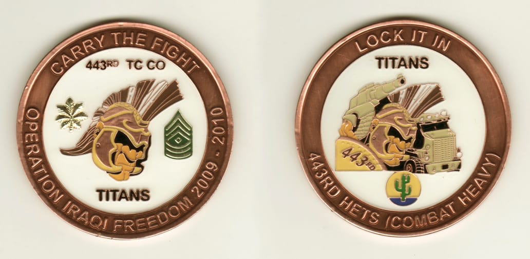 Round shaped, brass colored coin, 2 3/4 inches in diameter.