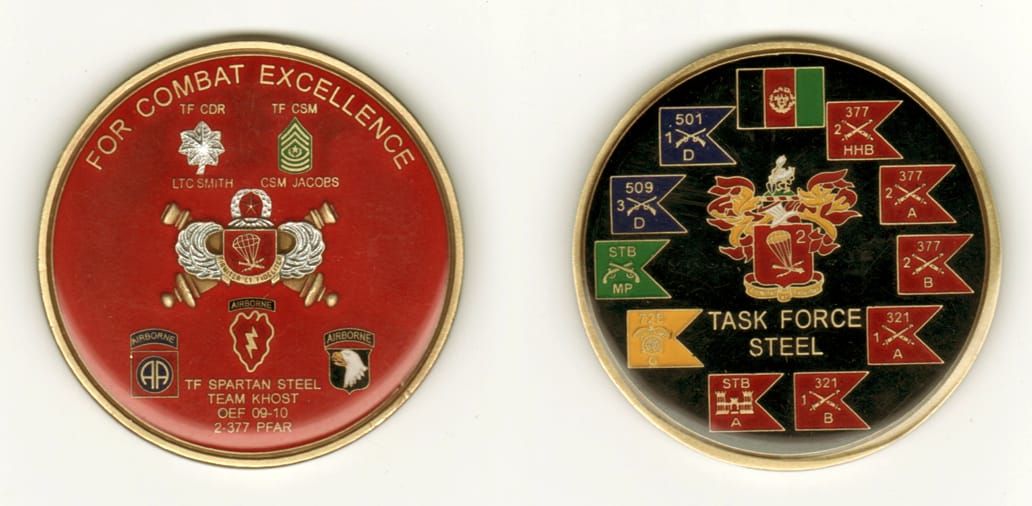 Round shaped, brass colored coin, 2 1/2 inches in diameter.