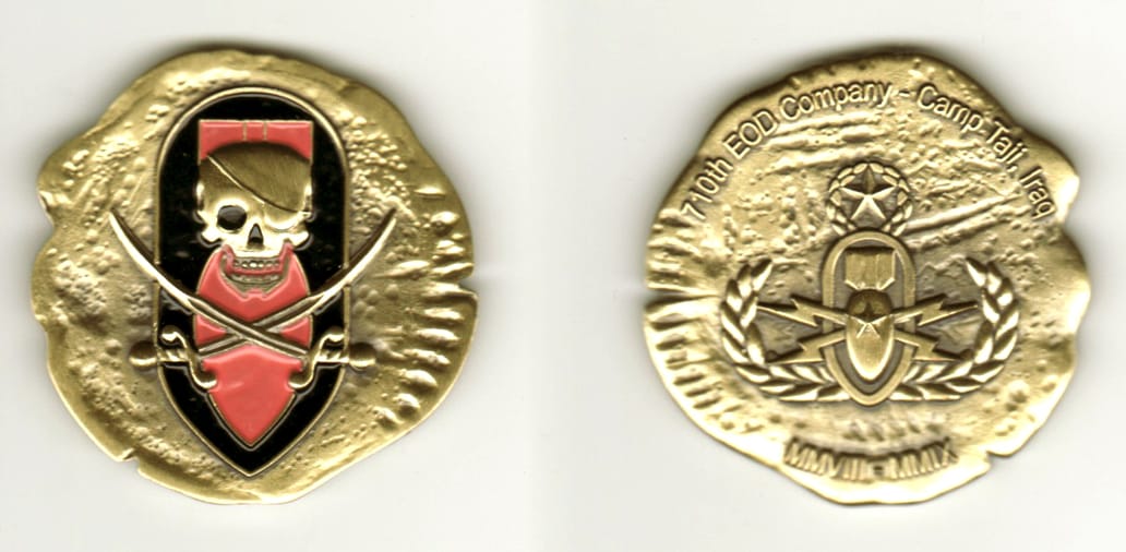 Round shaped (with uneven edges), brass colored coin, 1 3/4  inches in diameter.