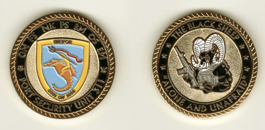 Round shaped, gold colored coin, 1 3/4 inches in diameter.