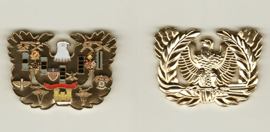 Warrant Officer shaped, gold colored coin, 1 1/4 inches high x 2  inches wide.