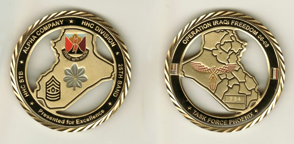 Round shaped, brass colored coin, 2 1/8 inches in diameter.