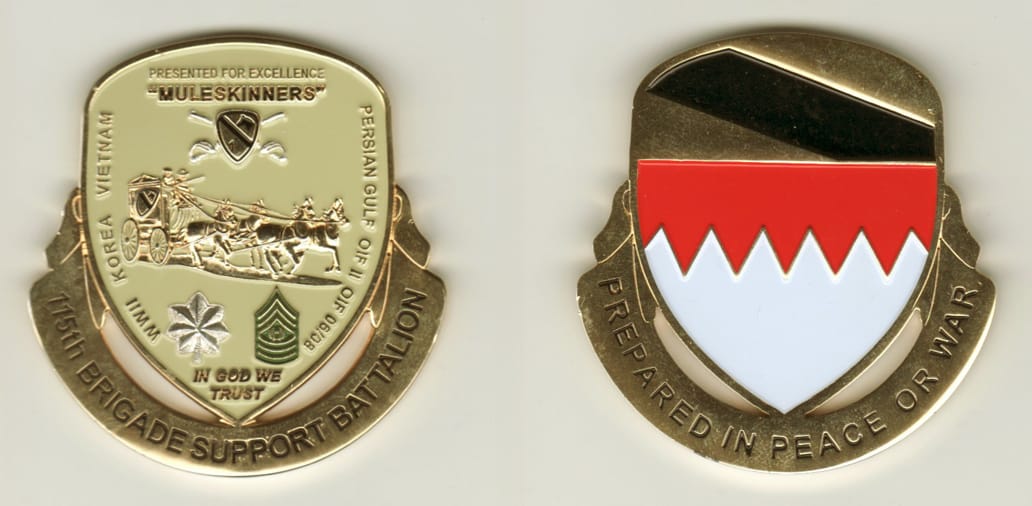 Rounded off-shield shaped, gold colored coin, with attached banner beneath, 2-1/4 inches wide x 2-1/4 inches high.