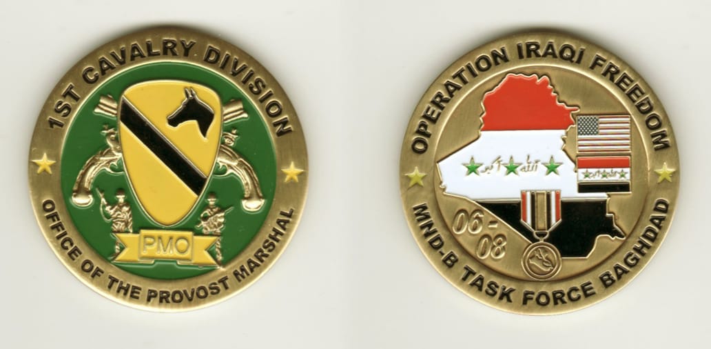 Round shaped, brass colored coin, 2 inches in diameter.