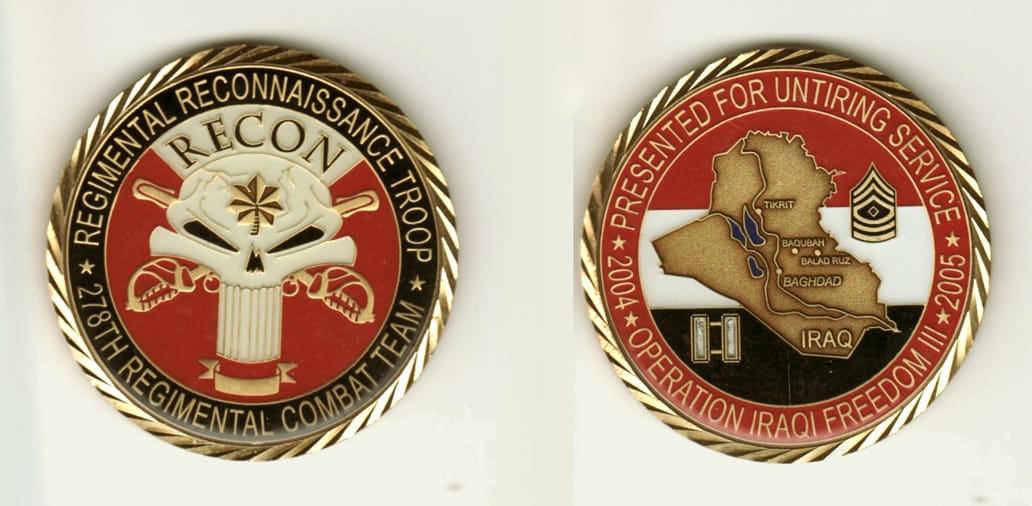 Round shaped, brass colored coin, 2 inches in diameter.