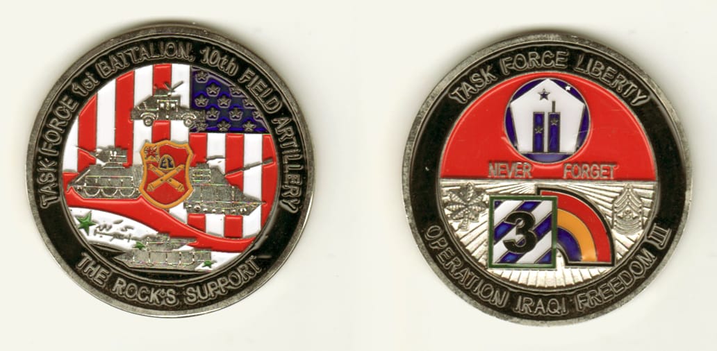 Round shaped, silver colored coin, 2 inches in diameter.