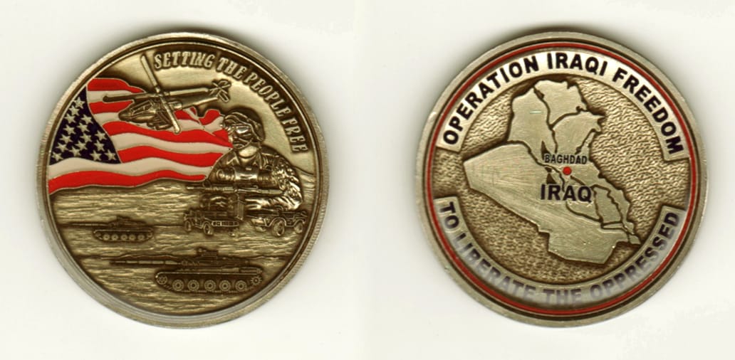 Round shaped, brass colored coin, 2 inches in diameter.