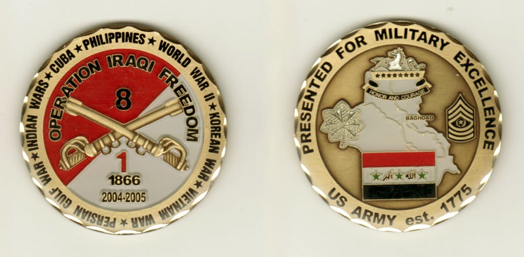 Round shaped, brass colored coin, 2 1/8 inches in diameter.