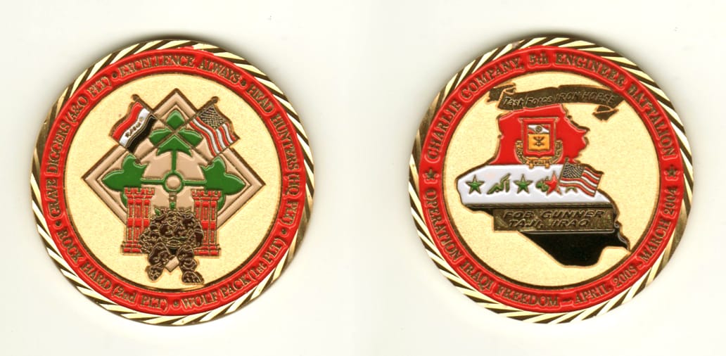 Round shaped, gold colored coin, 2 inches in diameter.