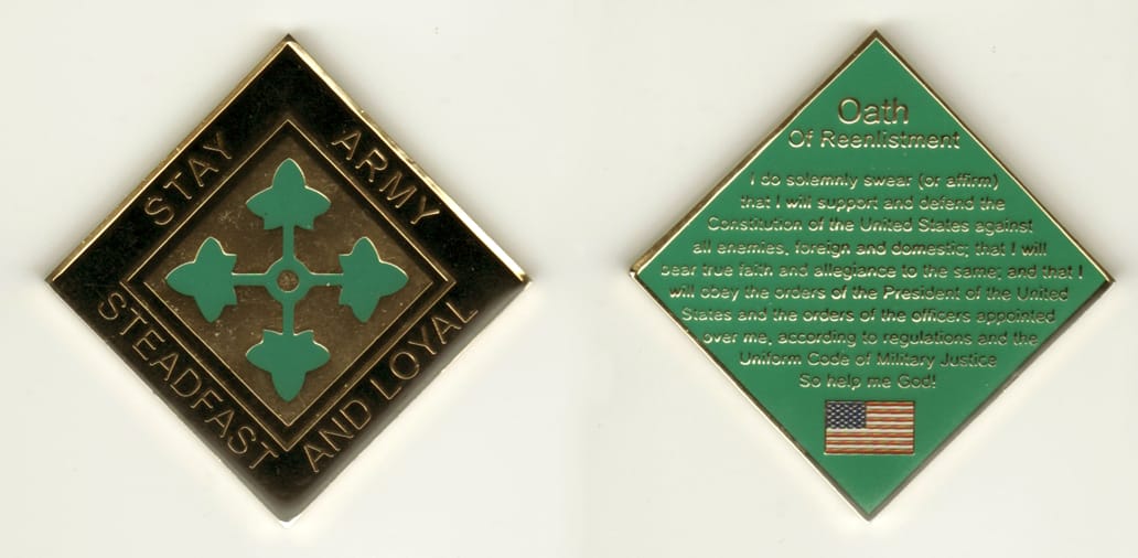 Diamond shaped, brass colored coin, 2-1/2 inches wide  by 2-1/2 inches high.