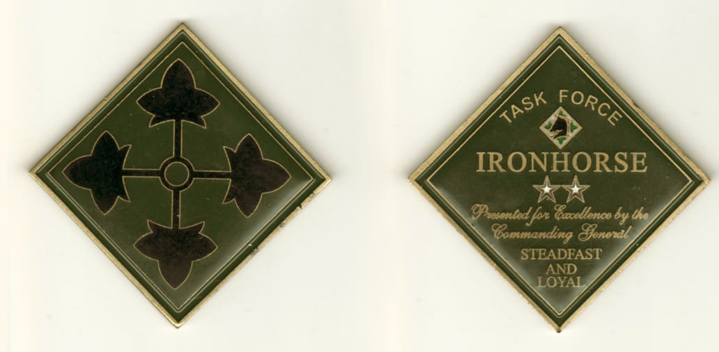 Diamond shaped, brass colored coin, 2-1/2 inches wide  by 2-1/2 inches high.