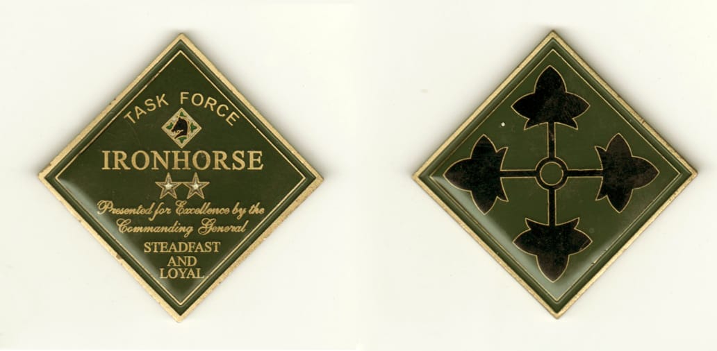 Diamond shaped, brass colored coin, 2-1/2 inches wide  by 2-1/2 inches high.