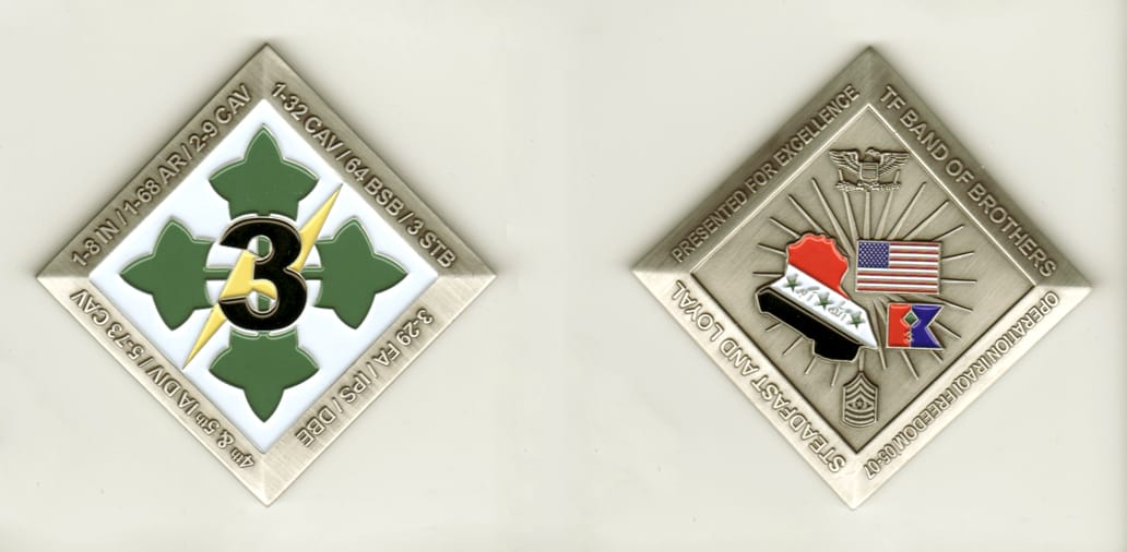 Diamond shaped, brass colored coin, 2-3/4 inches wide  by 2-3/4 inches high.