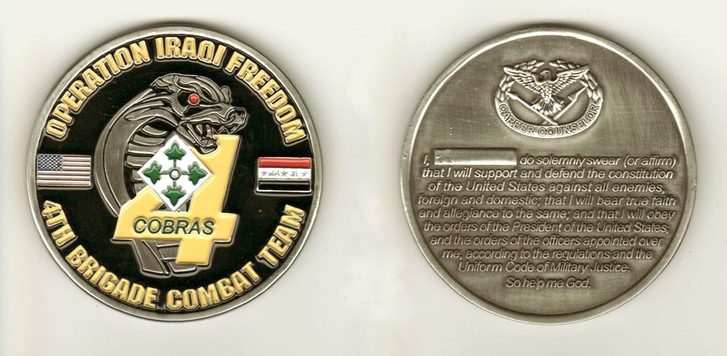 Round shaped, pewter colored coin, 2-1/2 inches in diameter.