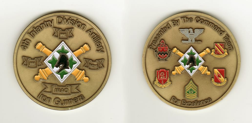 Round shaped, brass colored coin, 2-1/2 inches in diameter.