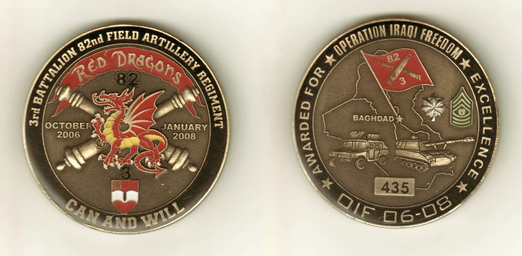 Round shaped, antique brass colored coin, 2-1/2 inches in diameter.