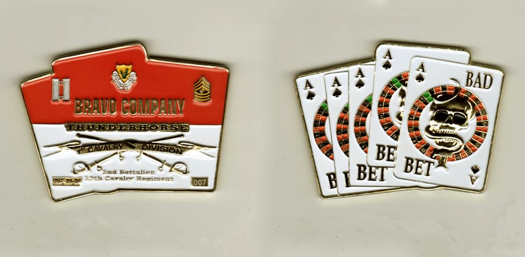 Five spread playing cards shaped, gold colored coin, 3 inches wide x 2-1/4 inches high.