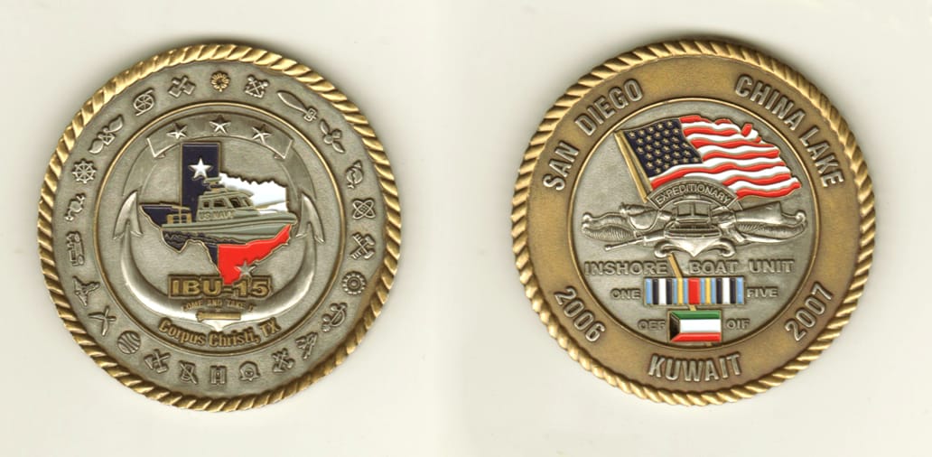 Round shaped, brass colored coin, 2-1/4 inches in diameter.