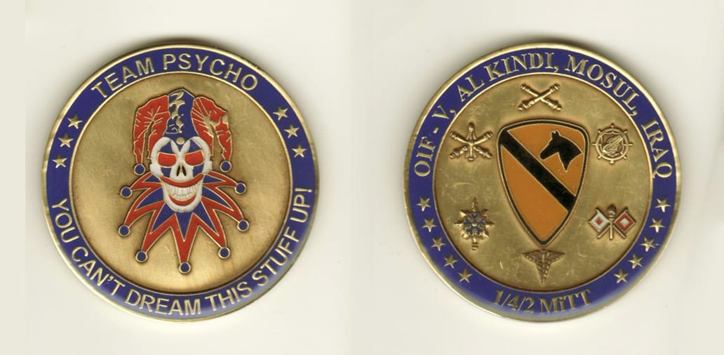 Round shaped, brass colored coin, 2 inches in diameter.