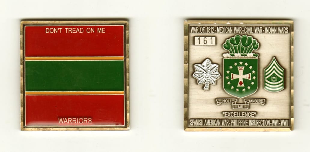 Square shaped, with banner mounted above, antique brass colored coin, 2 inches wide x 2 inches high.