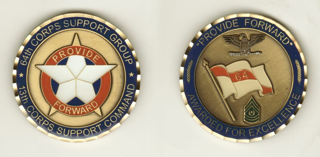 Round shaped, brass colored coin, 2 inches in diameter.