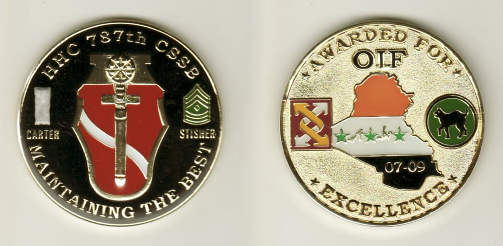 Round shaped, gold colored coin, 2 inches in diameter.