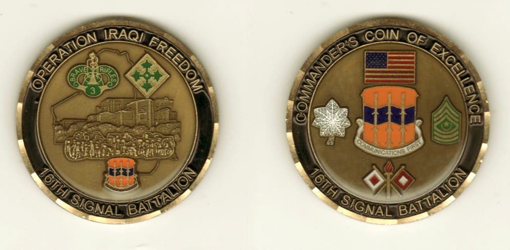 Round shaped, antique brass colored coin, 2 inches in diameter.