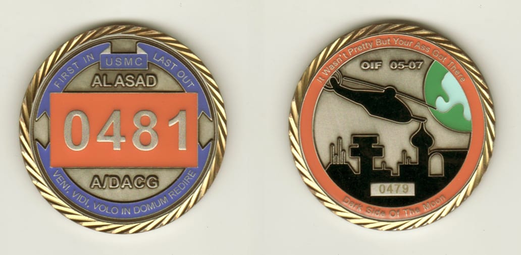 Round shaped, pweter colored with brass edged coin, 2 inches in diameter.