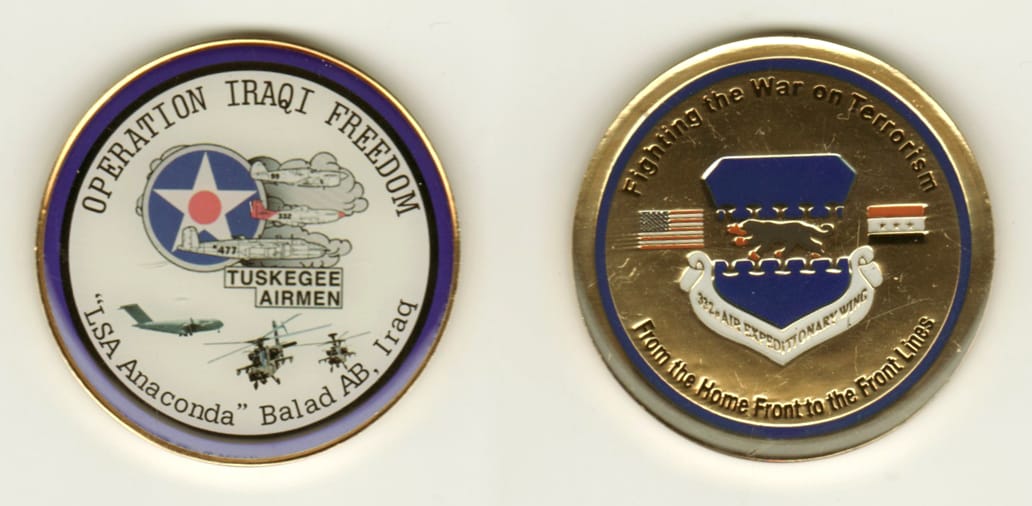 Round shaped, brass colored coin, 2 inches in diameter.