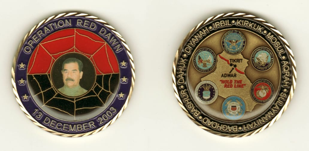 Round shaped, antique brass colored coin, 2 inches in diameter.