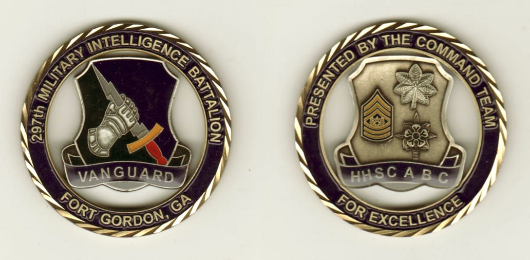 Round shaped, antique brass colored coin, 2 inches in diameter.