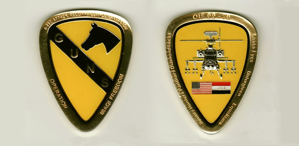 Shield shaped, gold colored coin, 3 inches high x 2-1/4 inches wide