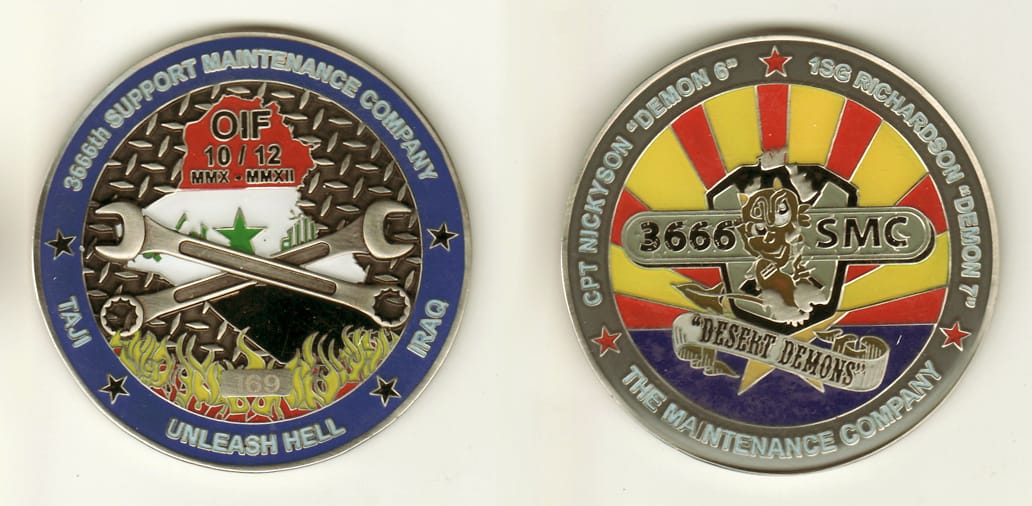 Round shaped, brass colored coin, 2-1/2 inches in diameter.