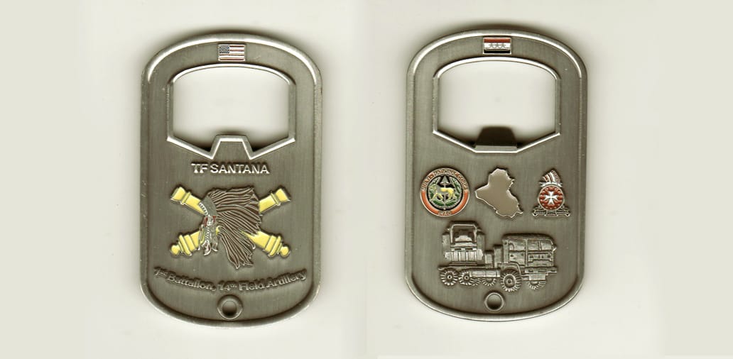 Dog tag shaped, with bottle opener cut out, pewter colored coin , 1-1/2 inches wide x 2-1/2 inches high.