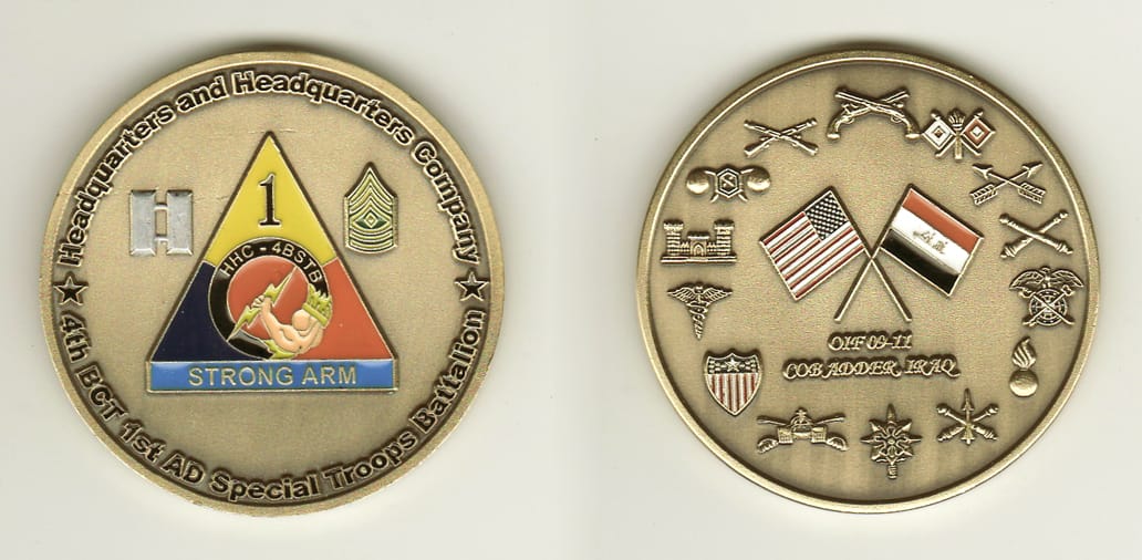 Round shaped, brass colored coin, 2 inches in diameter.