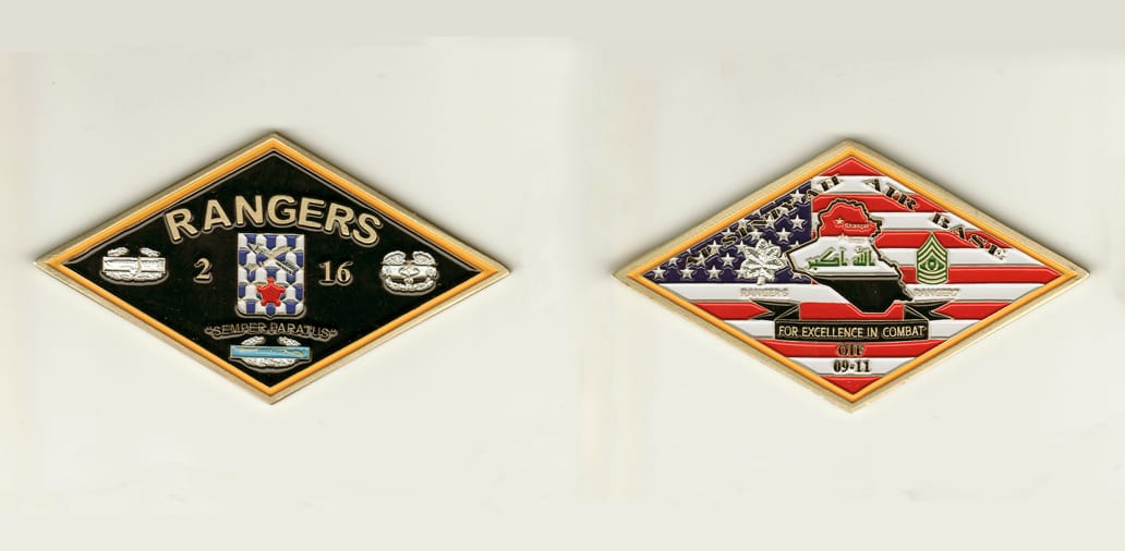 Diamond shaped, brass colored coin, 4 inches wide x 2-1/8 inches high.