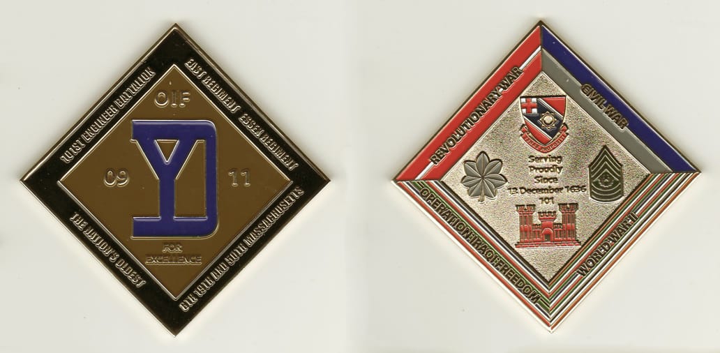 Diamond shaped, gold colored coin, 2-3/4 inches wide x 2-3/4 inches high.