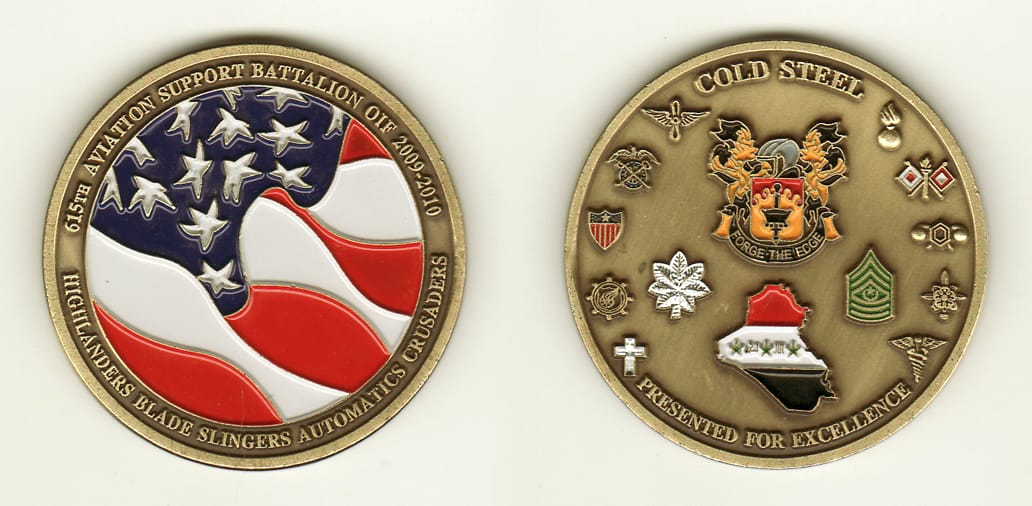 Round shaped, brass colored coin, 2 inches in diameter.