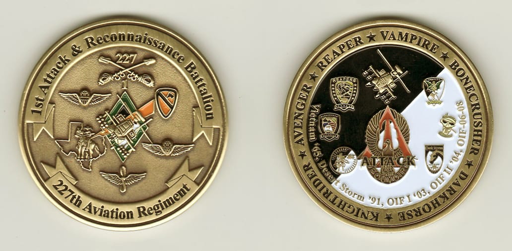 Round shaped, brass colored coin, 2 inches in diameter.