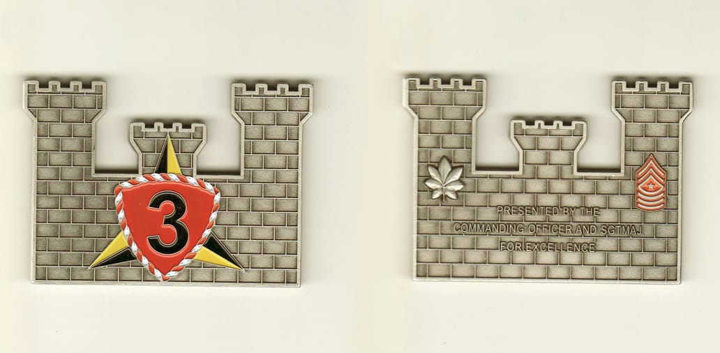 Engineer castle shaped, pewter colored coin, 1-3/4 inches high x 2-1/2 inches wide