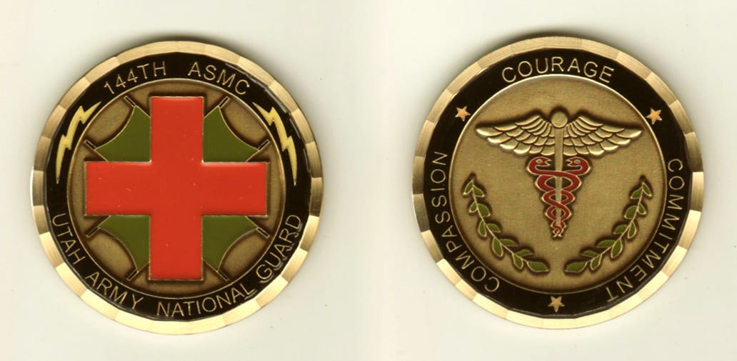 Round shaped, brass colored coin, 1-5/8 inches in diameter.