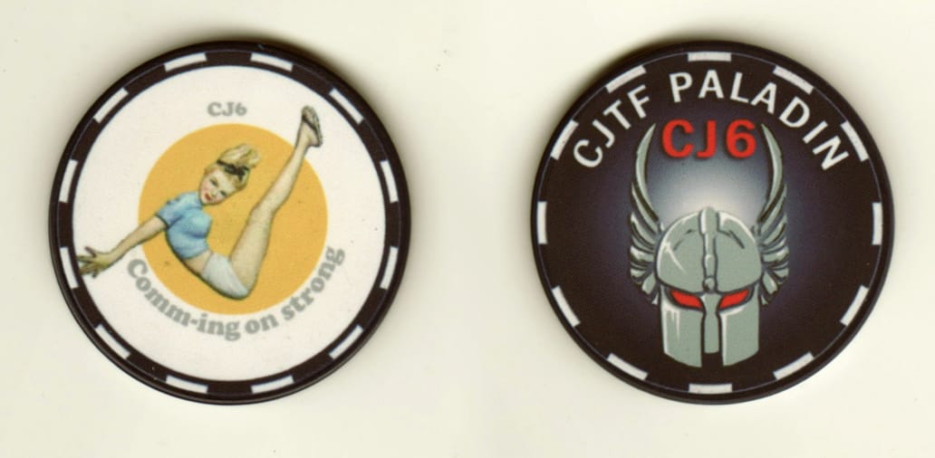 Round shaped, blue colored poker chip, 1-3/4 inches in diameter.