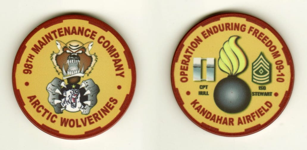 Round shaped, yellow and red colored poker chip 1-1/2 inches in diameter.