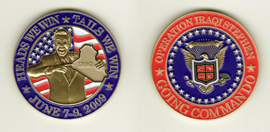 Round shaped, brass colored coin, 1-5/8 inches in diameter.